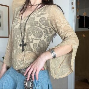 Tan and yellow paisley bell sleeve top with tie front detai
